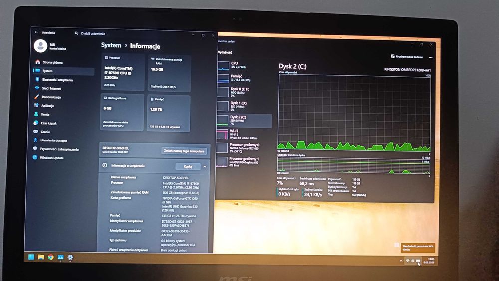 laptop gamingowy do gier RGB msi ge73 8RF i7 16GB 6GB geforce