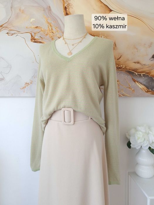 Sweter W Paski Miętowy Beżowy Kremowy Wełniany Kaszmirowy Bottega M
