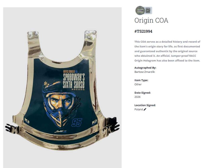 Bartosz Zmarzlik plastron żużlowy Speedway GOLD + certyfikat autentycz