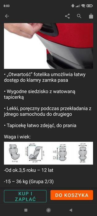 Fotel samochodowy RodiFix  15-36 kg isofix