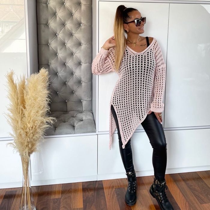 Sweter Ala Ola Voga Ażurowy -siatka -narzutka-Tunika Srebrna