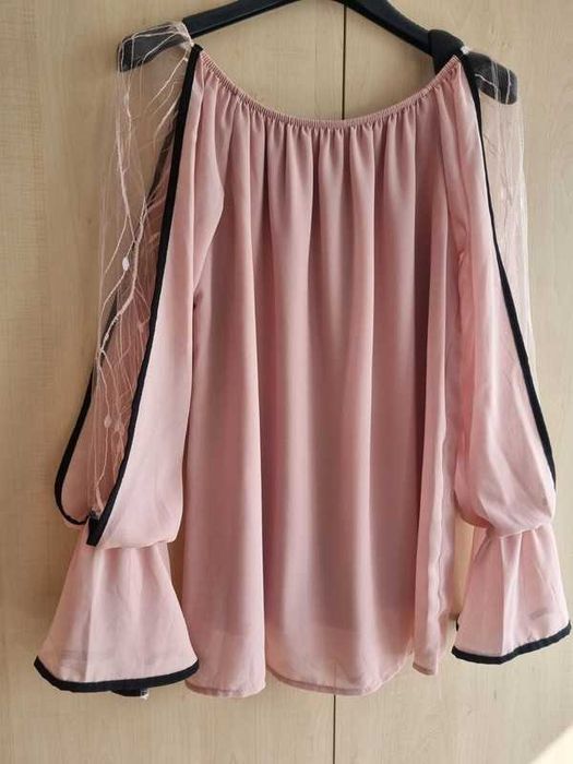 Bluzka koszula różowa pudrowy czarna elegancka oversize
