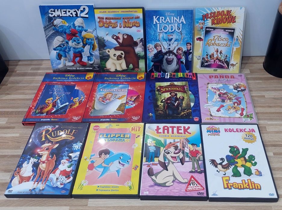 12 bajek Smerfy 2 Kraina Lodu Miecz w Kamieniu Disney Bernard i Bianka Disco Robaczki Franklin dvd