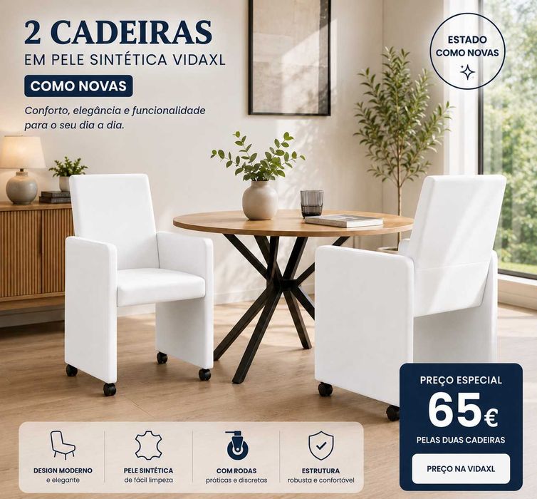 2 Cadeiras em Pele Sintética VidaXL Brancas c/Rodas – Como Novas
