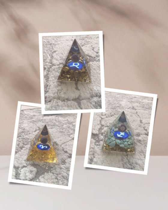 Pack 3 Pirâmides Orgonite Signos | Ametista + Pedras | Energia
