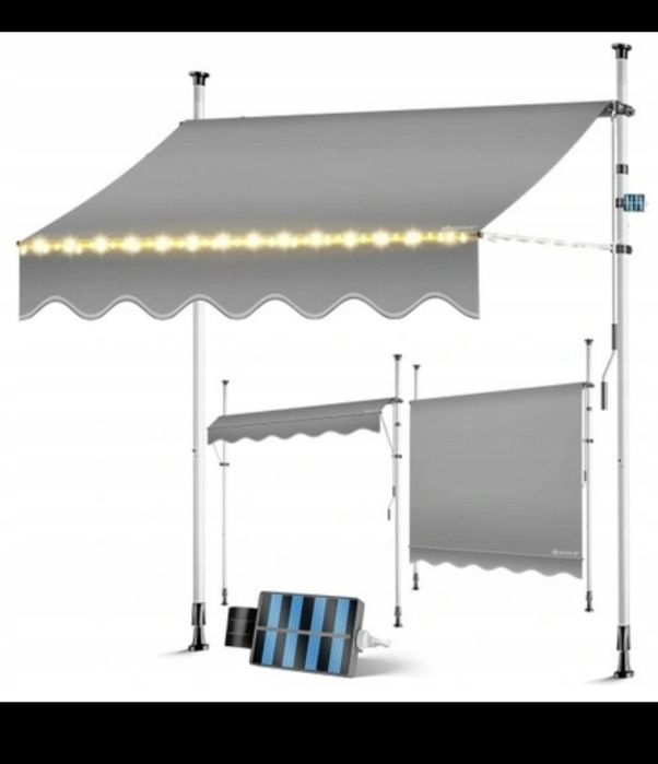 markiza zaciskowa tillvex 200 cm jasnoszara z diodą LED z ręczną korbą