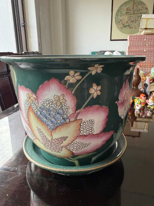 Par Vasos Chineses Porcelana Verde c/ Pratos