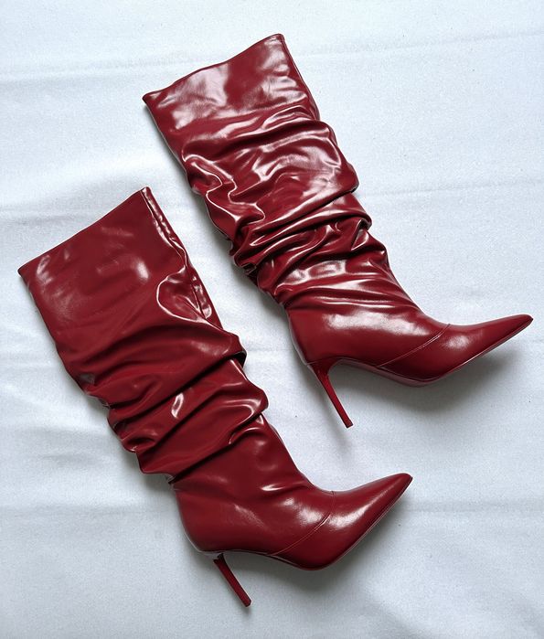 STRADIVARIUS kozaki muszkieterki slouchy czerwone skóra eko NOWE 37