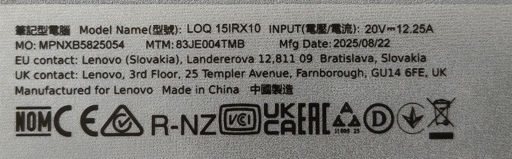 Lenovo LOQ 15IRX10 RTX5070