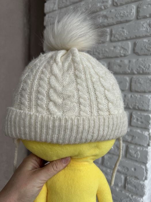 Зимова шапка  з помпоном на флісі, 12-24 міс ,тепла, молочна