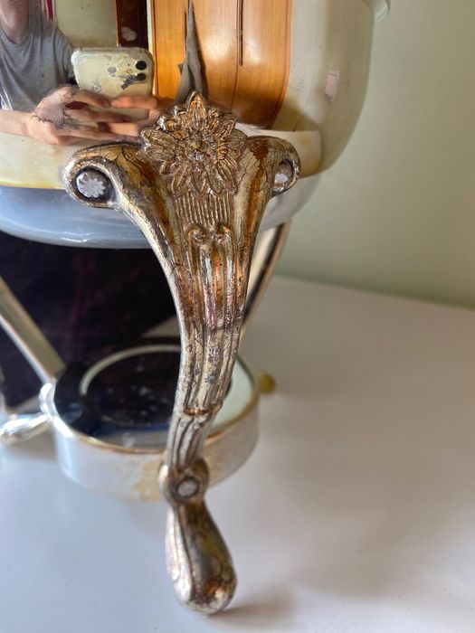 vintage Italian silver plate candle warming stand, glass coffee carafe