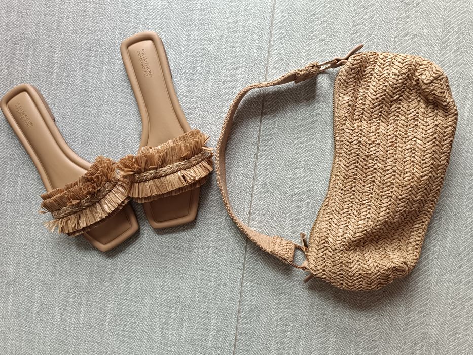 Zestaw klapki 39 torebka Primark Boho plecione natural