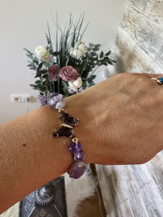 Bransoletka kamienie Ametyst z motylkiem