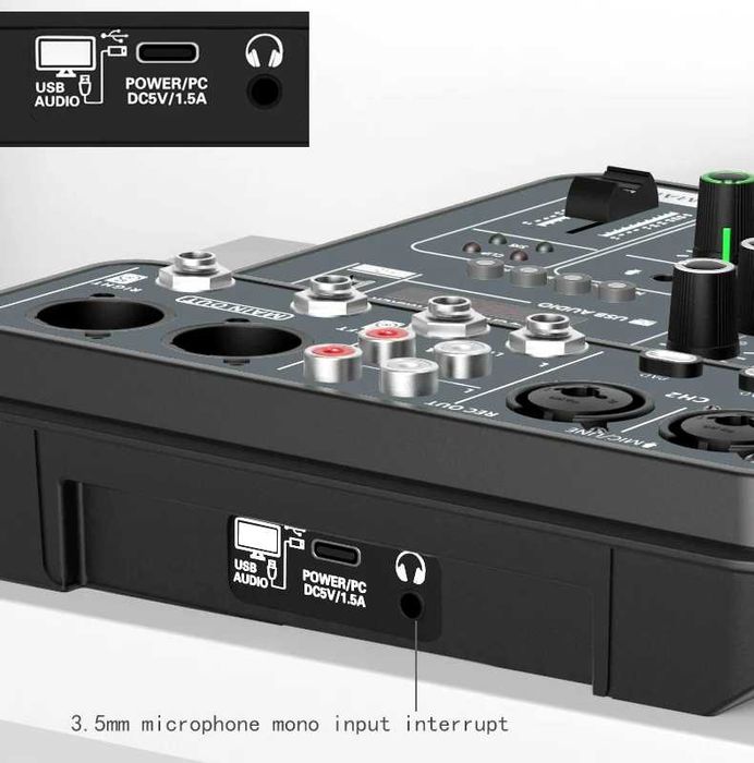 Аудиомикшер 4 канала с фантомным питанием (DJ/студийный микшер)
