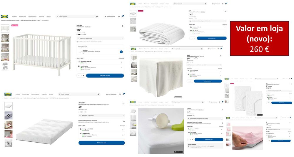 Сama de bebé IKEA branco 60x120, com colchão e acessórios completos