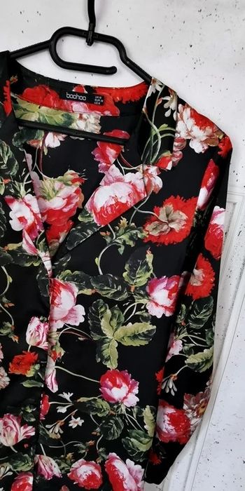 Sukienka Koszulowa Satynowa Kwiaty Elegancka Boho Retro Vintage M