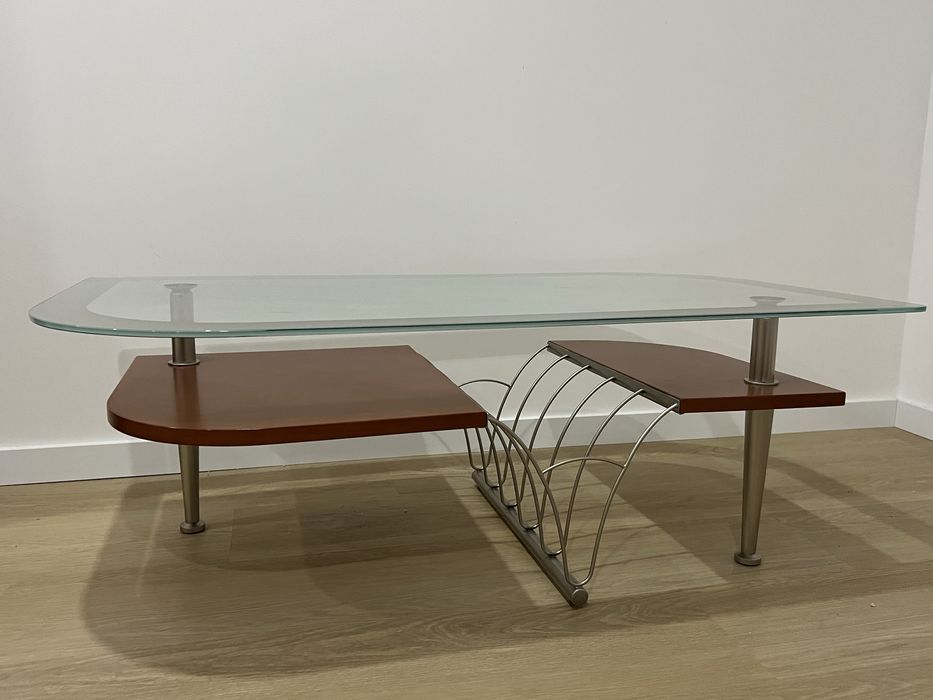 Mesa de centro sala em madeira cerejeira inox e vidro