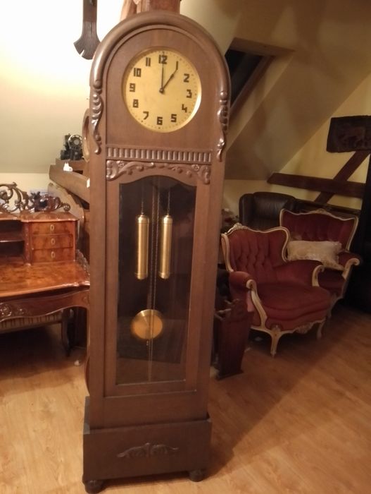 Piękny stojący zegar podłogowy Kienzle baba antyk w skrzyni dębowej.