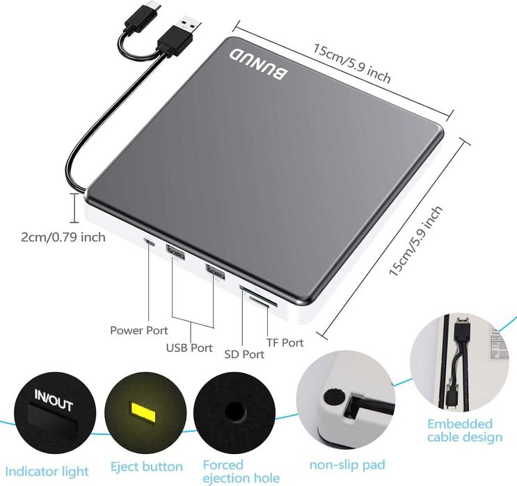 Zewnętrzny napęd CD DVD USB 3.0 typu C Slim BUNUD CT10
