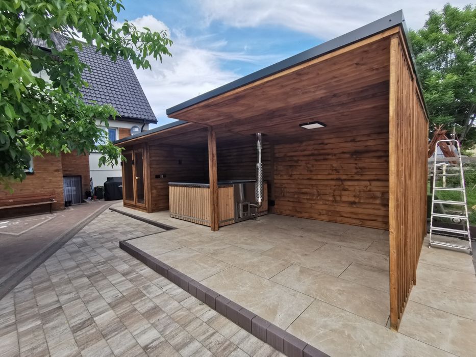 Sauna ogrodowa 9 x3,5m +wiata pod jacuzzi +wiata  na bilard