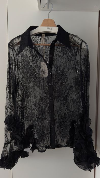 GP Paris piękna koronkowa bluzka S/M czarny  cekiny falbany glamour