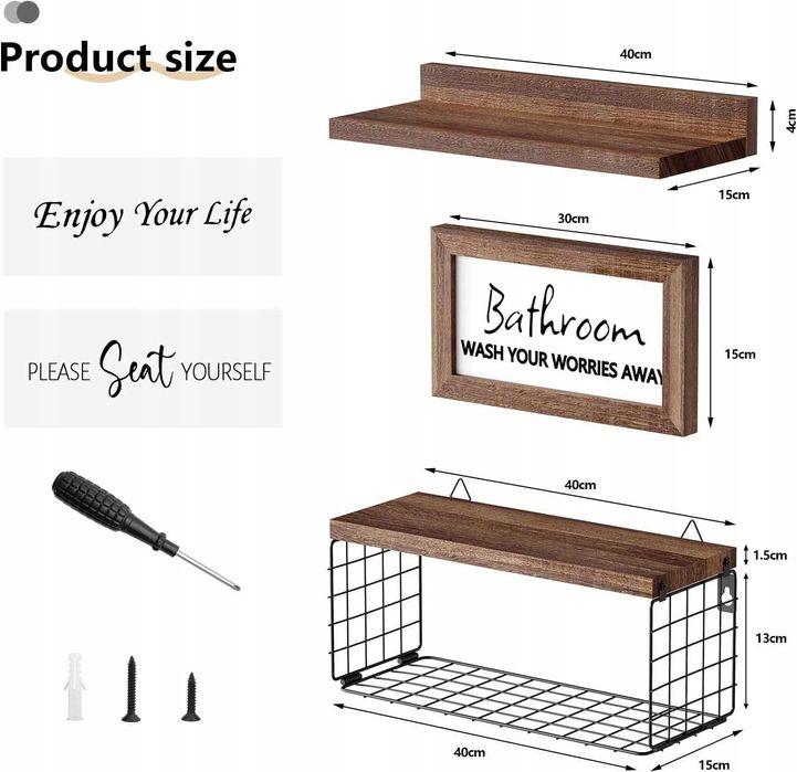 Regał ścienny półka trzy częściowa drewniana uniwersalna 40 x 15 cm