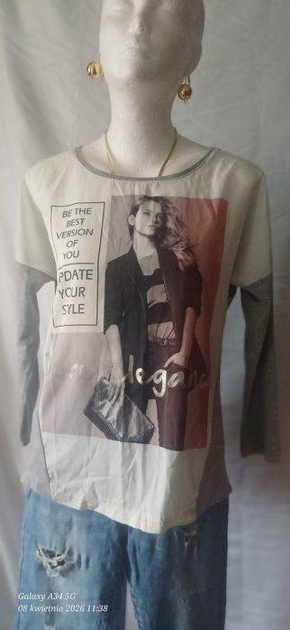 Bluzka damska L szaro-biała z nadrukiem długi rękaw casual