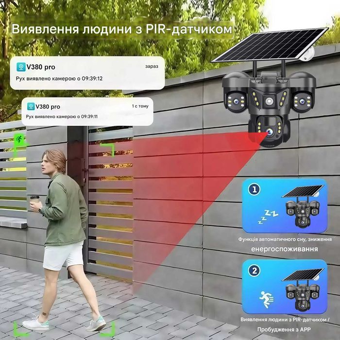 Автономна камера на батареї 4G V380 15МП вулична поворотна сонячна 3в1