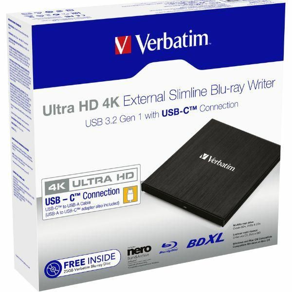 Verbatim Zewnętrzna nagrywarka Slimline  Blu-ray Ultra HD 4K + kabel USB-C/USB-A czarny/black 43888