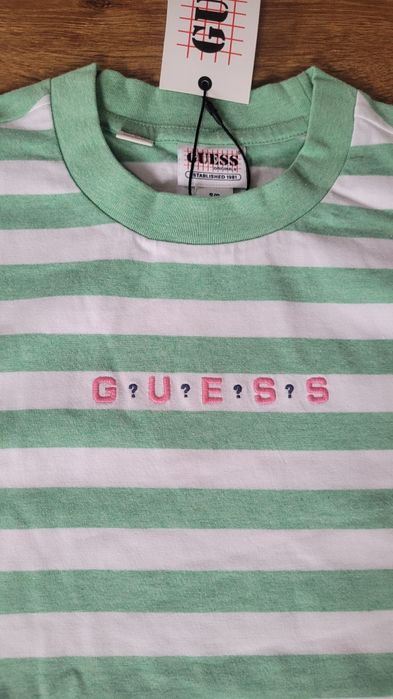 T-shirt męski bawełniany w paski haft logo Guess S/M
