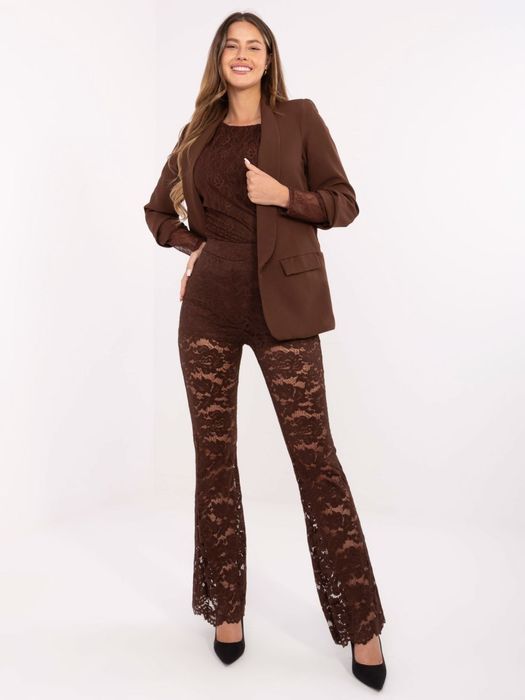 Brązowe koronkowe spodnie ITALY MODA z wysokim stanem – eleganckie