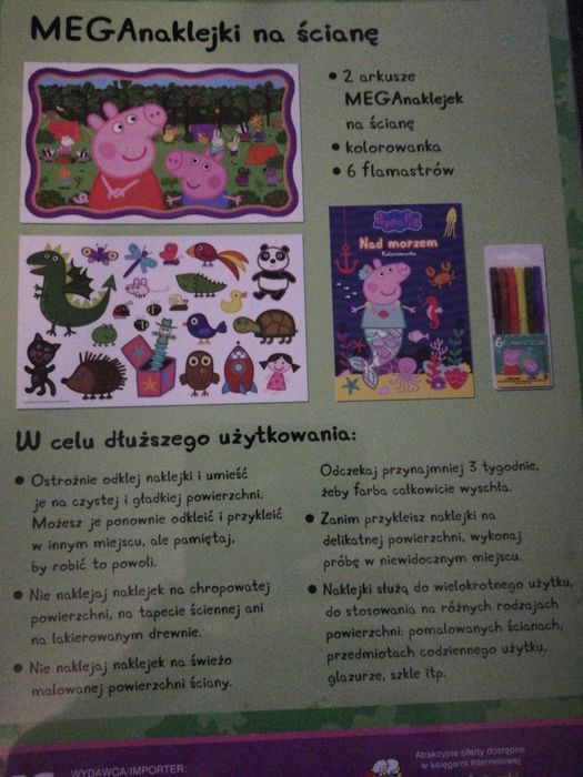 Nowy zestaw mega naklejek na ścianę, kolorowanki i flamastrów Świnka