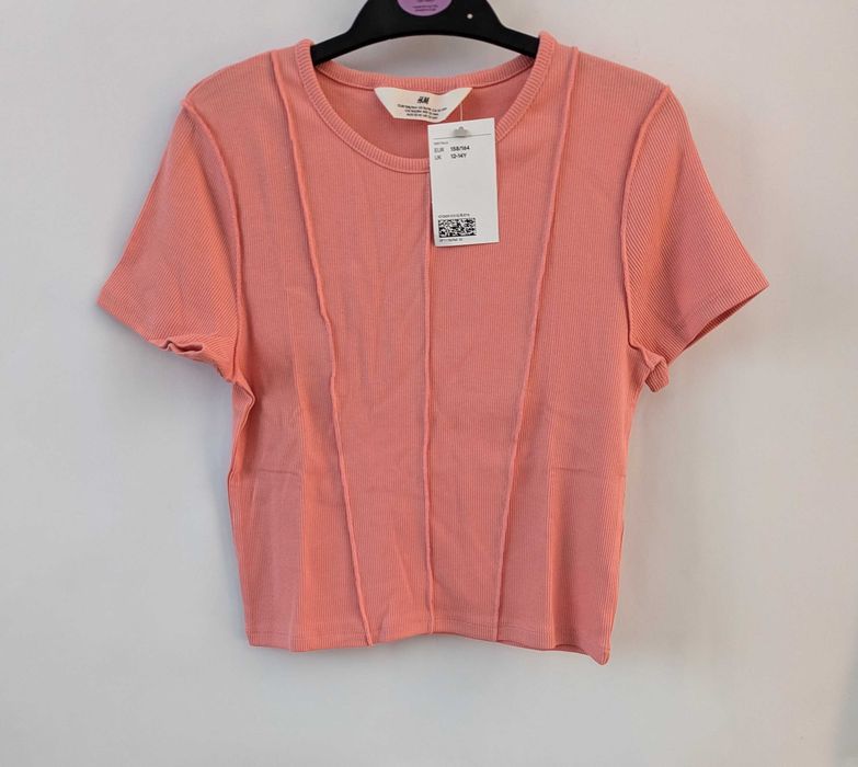 Футболка для дівчинки h&m,12,158,рожева,кроп,топ,рібана,бавовна,рубчик