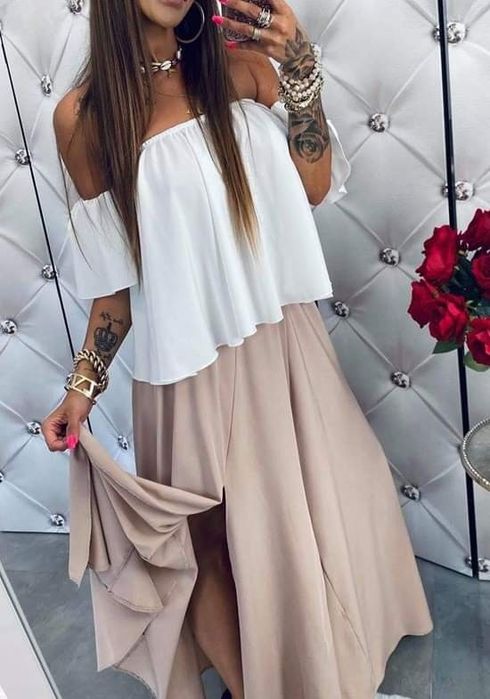 Elegancki komplet bluzka spódnica maxi logo Lola bianka