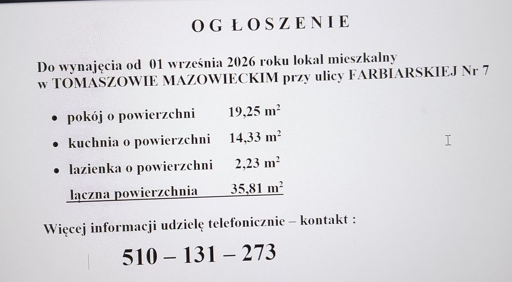 Do wynajęcia lokal mieszkalny w Tomaszowie Mazowieckim