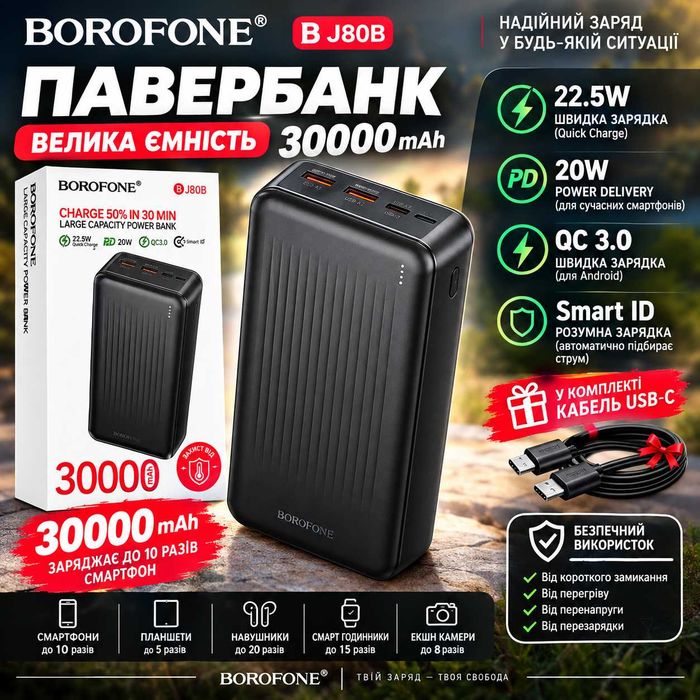 Power Bank BOROFONE BJ80B 30000 mAh 22.5W PD 20W Павербанк