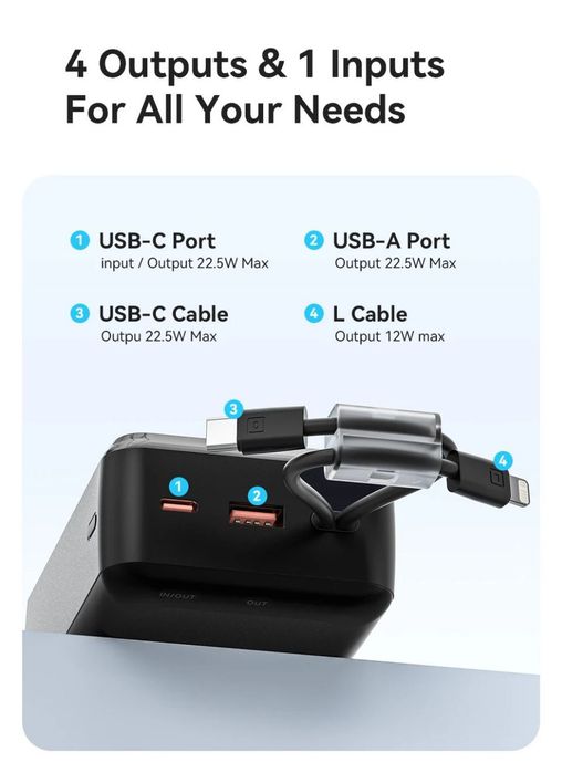 Повербанк 22.,5W 30000 компактный встроенные кабели KUULAA powerbank