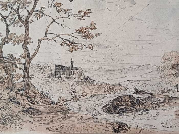 Desenho a pena de August Geist (1858) - Paisagem campestre com igreja