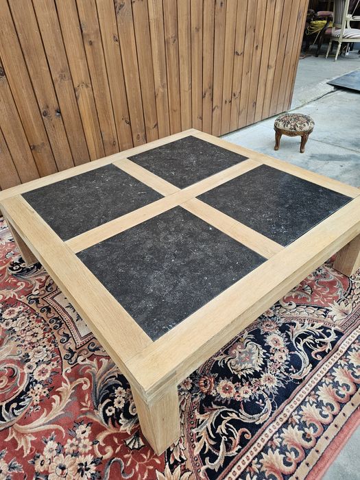 Duża drewniana ława + czarny marmur 120x120 cm #1394 Stylowy Węgrów