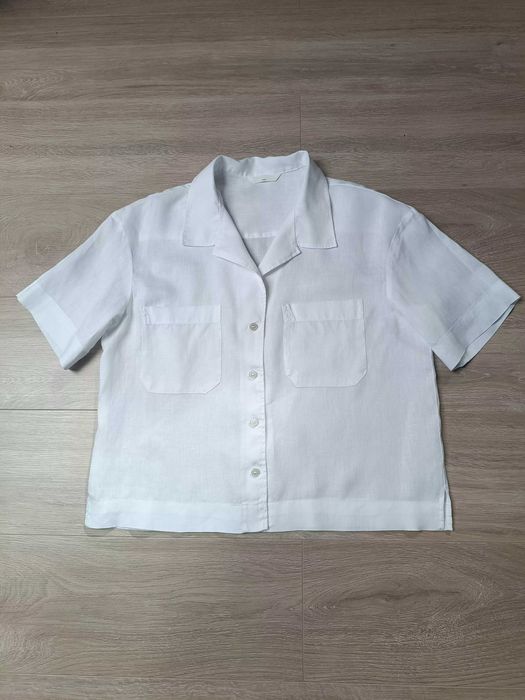 Bluzka pudełko biała krótki rękaw guziki kołnierzyk kieszonki len 'H&M' M