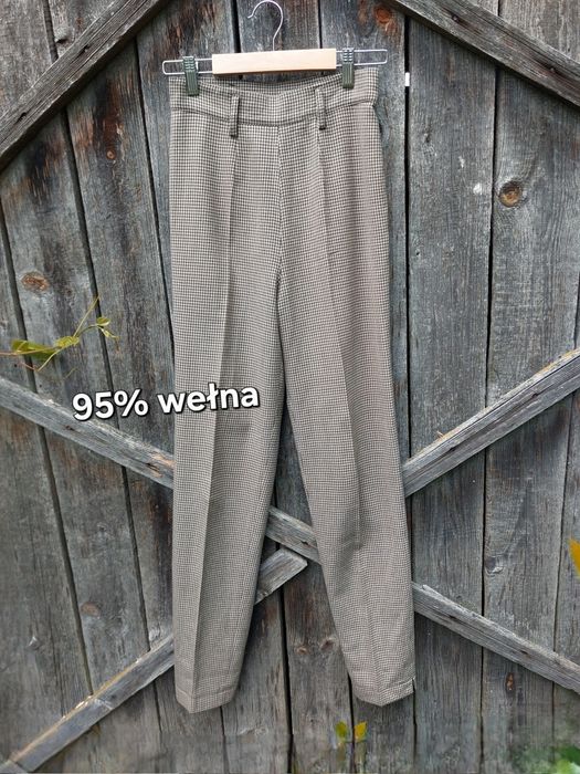 Wełniane spodnie jak chinosy cygaretki w kant z wysokim stanem w pepitke boho jak vintage