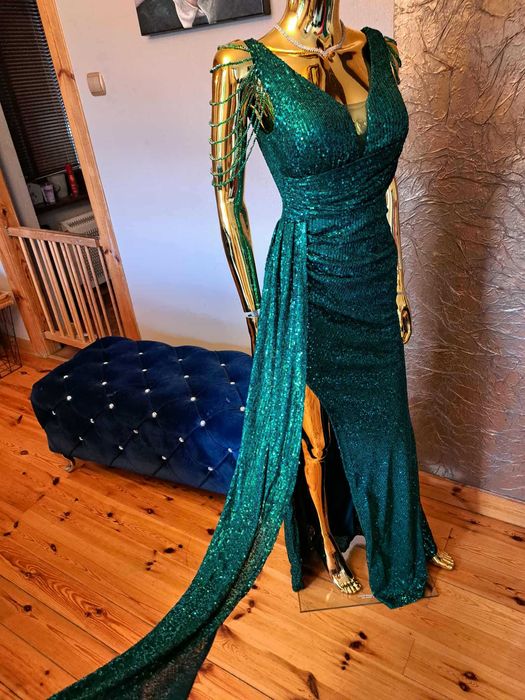 Suknia wieczo na sylwestra studniówkę Glossy Emerald R34 Polski produc
