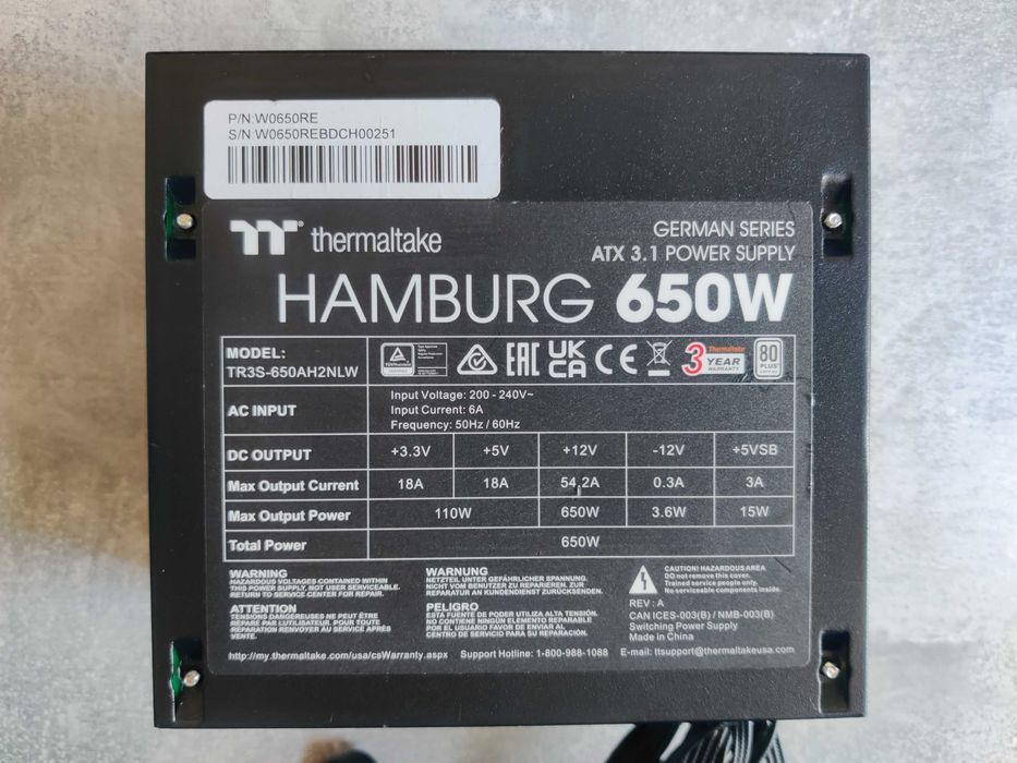 Thermaltake Hamburg 650W Блок живлення (ATX 3.1, перевірений)