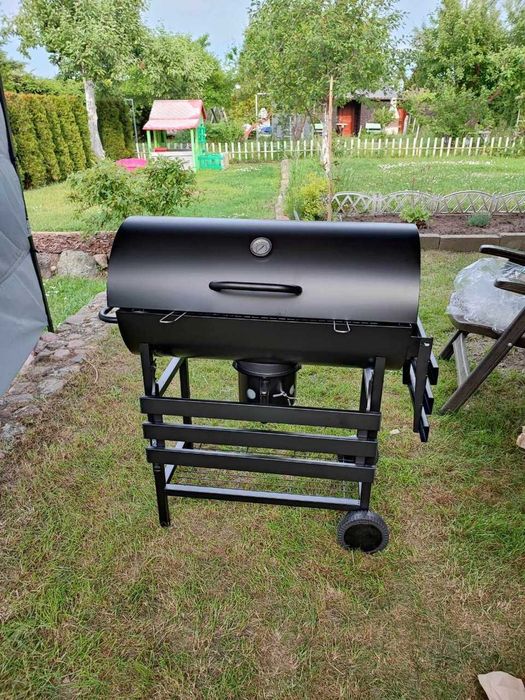 NOWY GRILL WĘGLOWY Ogrodowy Na Działkę Solidny Na Kółkach Duży Beczka Z Pokrywa 2 Ruszty Popielnik TERMOMETR OKAZJA