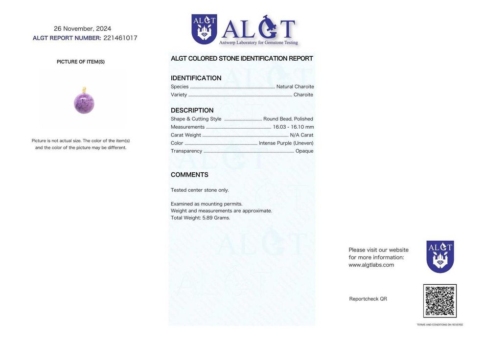 Certificado ALGT - Pingente de Charoite Natural