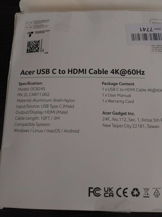Acer USB C to HDMI Cabel 60 Hz Nowy