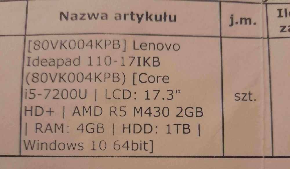 Sprzedam Laptop Lenovo Ideapad 110-17IKB