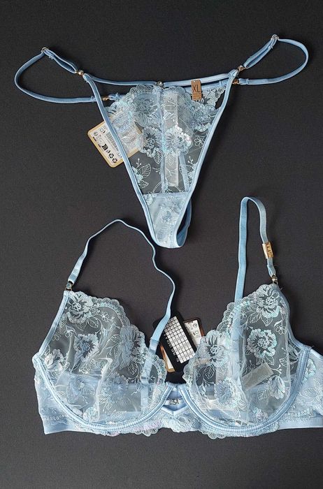 Komplet stanik prześwitujący stringi niebieski brokat 85E XL NOWY!!