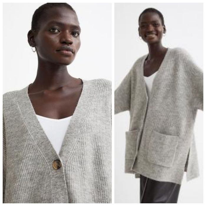 H&M M-XL Luźny prążkowany beżowy kardigan oversize z wełną