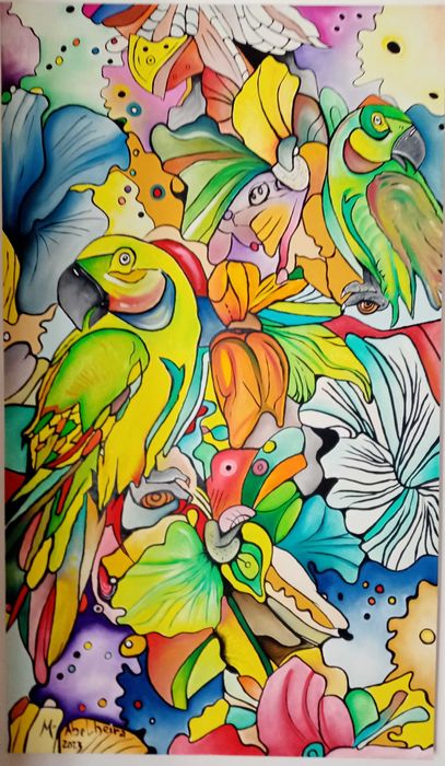 pintura a oleo, tema amazonia colorido e decorativo, 1.54cmx89cm